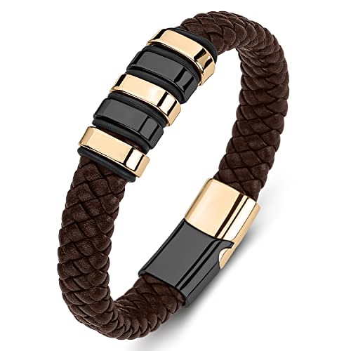 Brown Genuine Leather Bracelet for Men Son Boys Braided Leather Cuff Wristband Gold and Black Stainless Steel Magnetic Clasp 8.5 inches