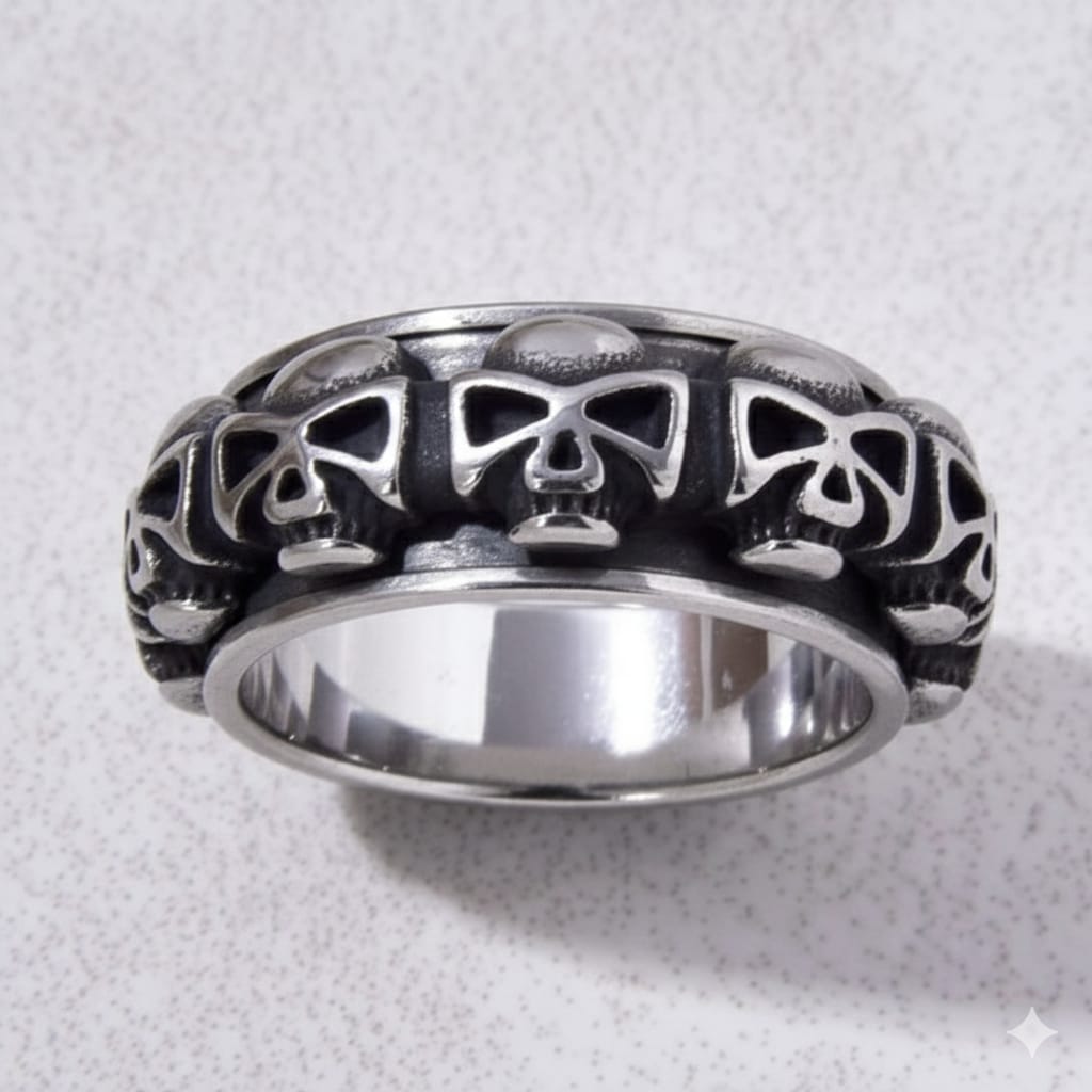 Silver Rotatable Skull Steel Hearts Ring