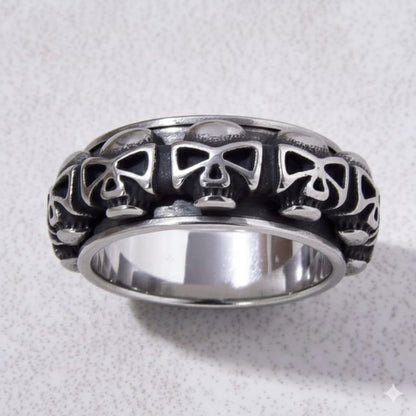 Silver Rotatable Skull Steel Hearts Ring