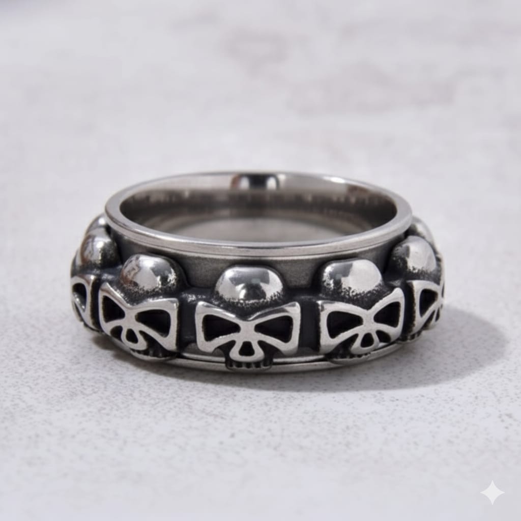 Silver Rotatable Skull Steel Hearts Ring